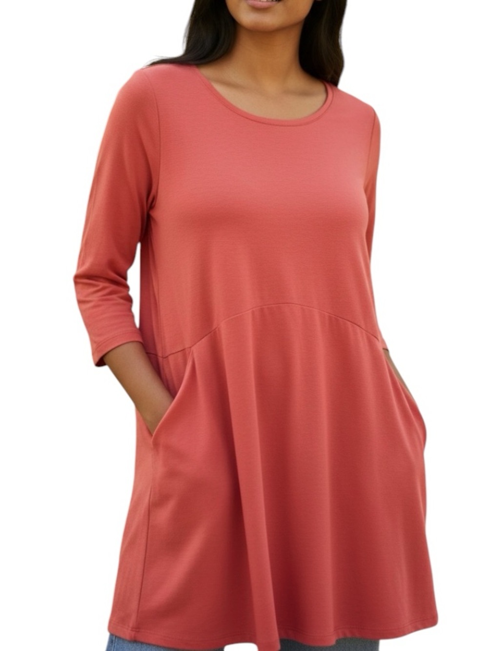 J.Jill Curve Seem Pocket Coral Scoop Neck 3/4 Sleeve Tunic Top